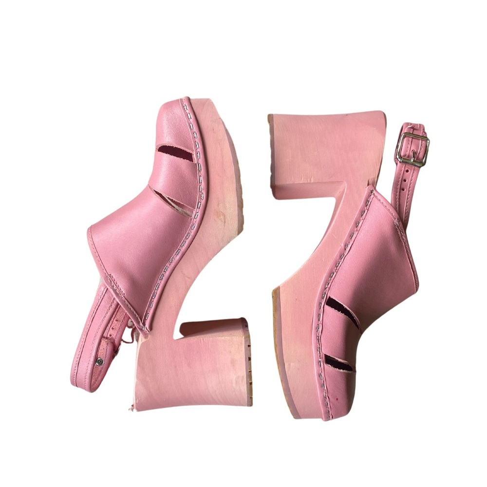 Swedish Hasbeens pink platform heel clogs